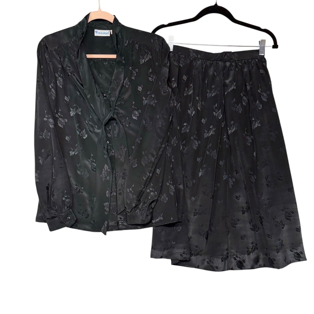John Meyer Vintage 2-Piece Skirt‎ Set Black Floral Jacquard Bow Blouse Sz 10